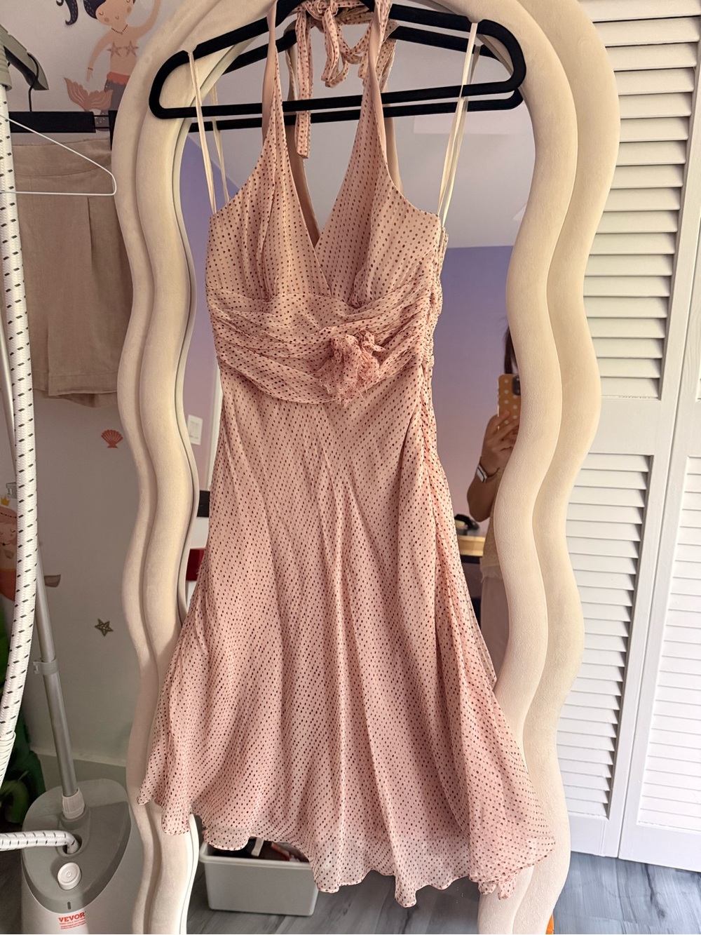 Vintage BCBGMaxAzria Blush Pink Halter Midi Dress with Floral Waist Detail
